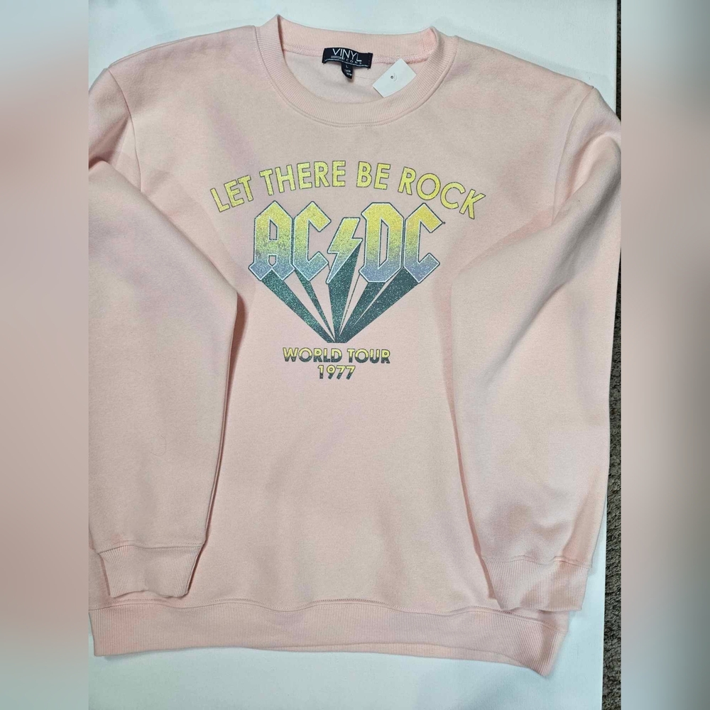 ACDC Sweater Womens Large Pink Green‎ 70s Retro Inspired Graphic Sweatshirt